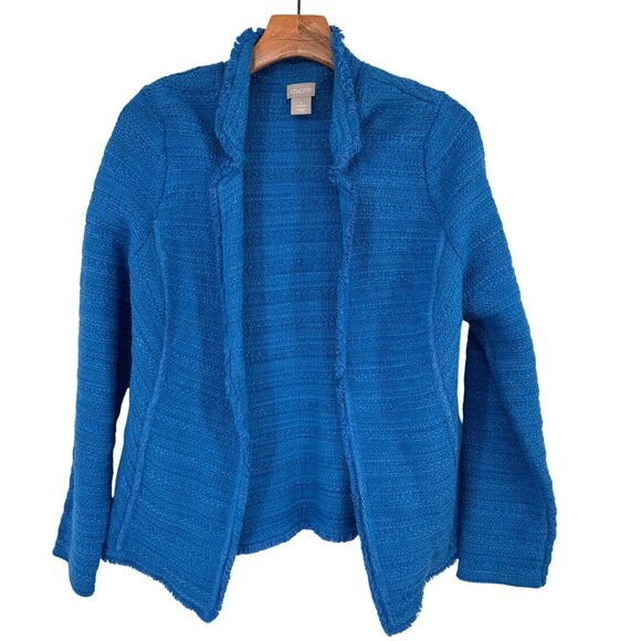Chicos 1 Womens Blue Textured Open Front cardigan Jacket Size Medium cotton - Picture 1 of 15